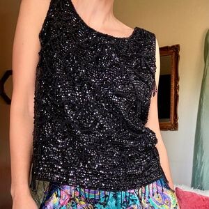 70s Black Beaded Sleeveless Sequin Party Top Medium